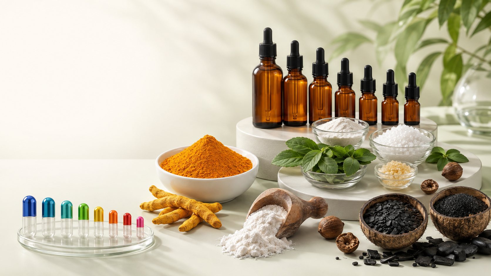 Celfiu natural wellness ingredients — empty capsules, amber dropper bottles, turmeric extract, coconut-shell activated carbon and functional powders